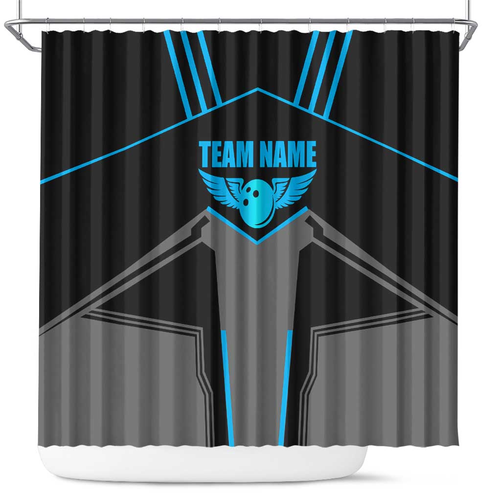 Custom Bowling Team Shower Curtain with Blue Bowling Pin Heartbeat Graphic and Winged Emblem - Wonder Print Shop