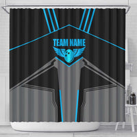 Custom Bowling Team Shower Curtain with Blue Bowling Pin Heartbeat Graphic and Winged Emblem - Wonder Print Shop