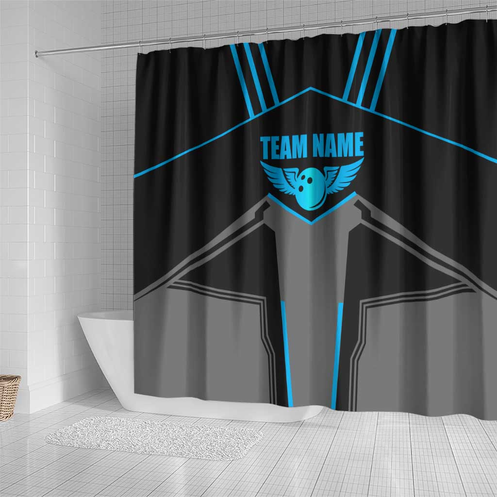 Custom Bowling Team Shower Curtain with Blue Bowling Pin Heartbeat Graphic and Winged Emblem - Wonder Print Shop