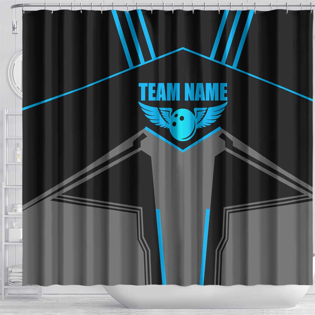 Custom Bowling Team Shower Curtain with Blue Bowling Pin Heartbeat Graphic and Winged Emblem - Wonder Print Shop