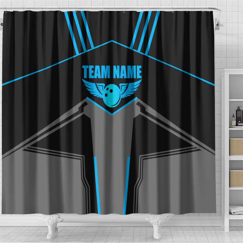 Custom Bowling Team Shower Curtain with Blue Bowling Pin Heartbeat Graphic and Winged Emblem - Wonder Print Shop