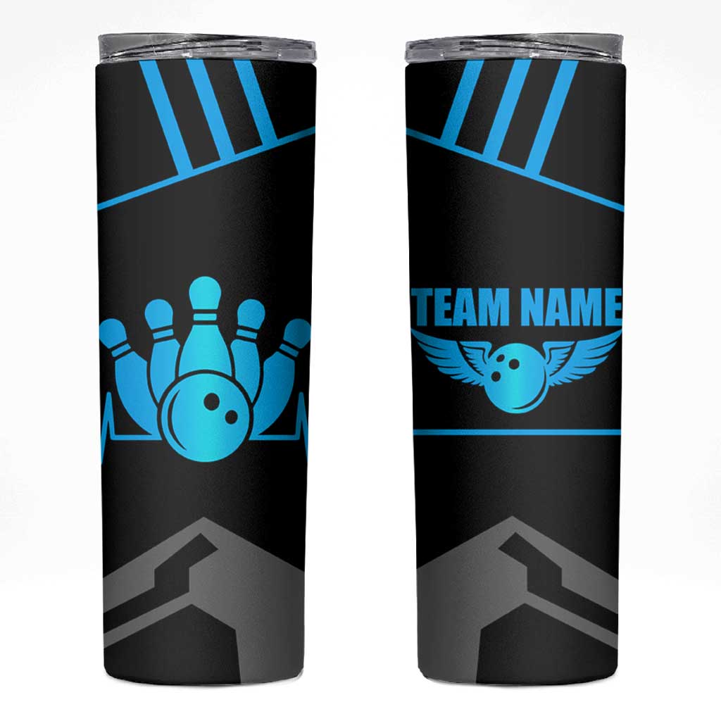 Custom Bowling Team Skinny Tumbler with Blue Bowling Pin Heartbeat Graphic and Winged Emblem - Wonder Print Shop