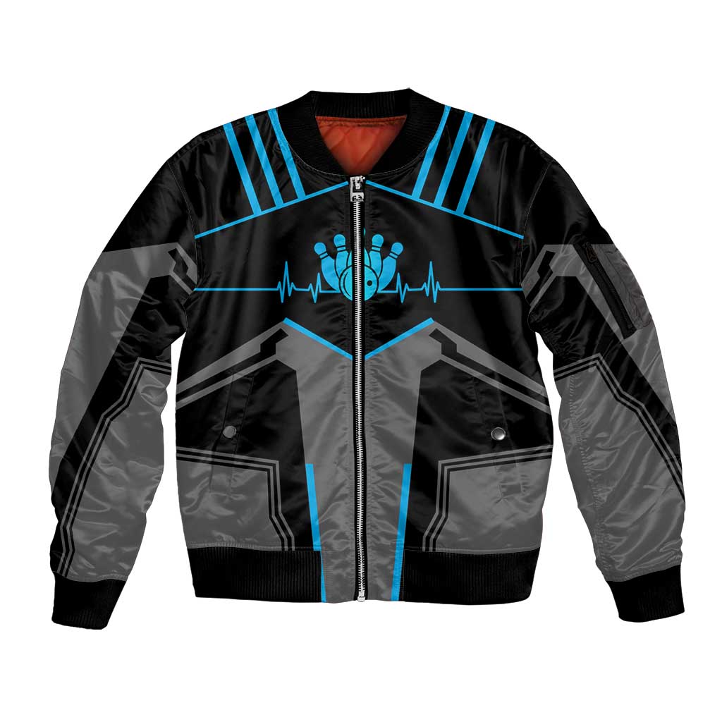 Custom Bowling Team Sleeve Zip Bomber Jacket with Blue Bowling Pin Heartbeat Graphic and Winged Emblem - Wonder Print Shop