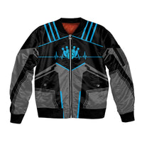 Custom Bowling Team Sleeve Zip Bomber Jacket with Blue Bowling Pin Heartbeat Graphic and Winged Emblem - Wonder Print Shop