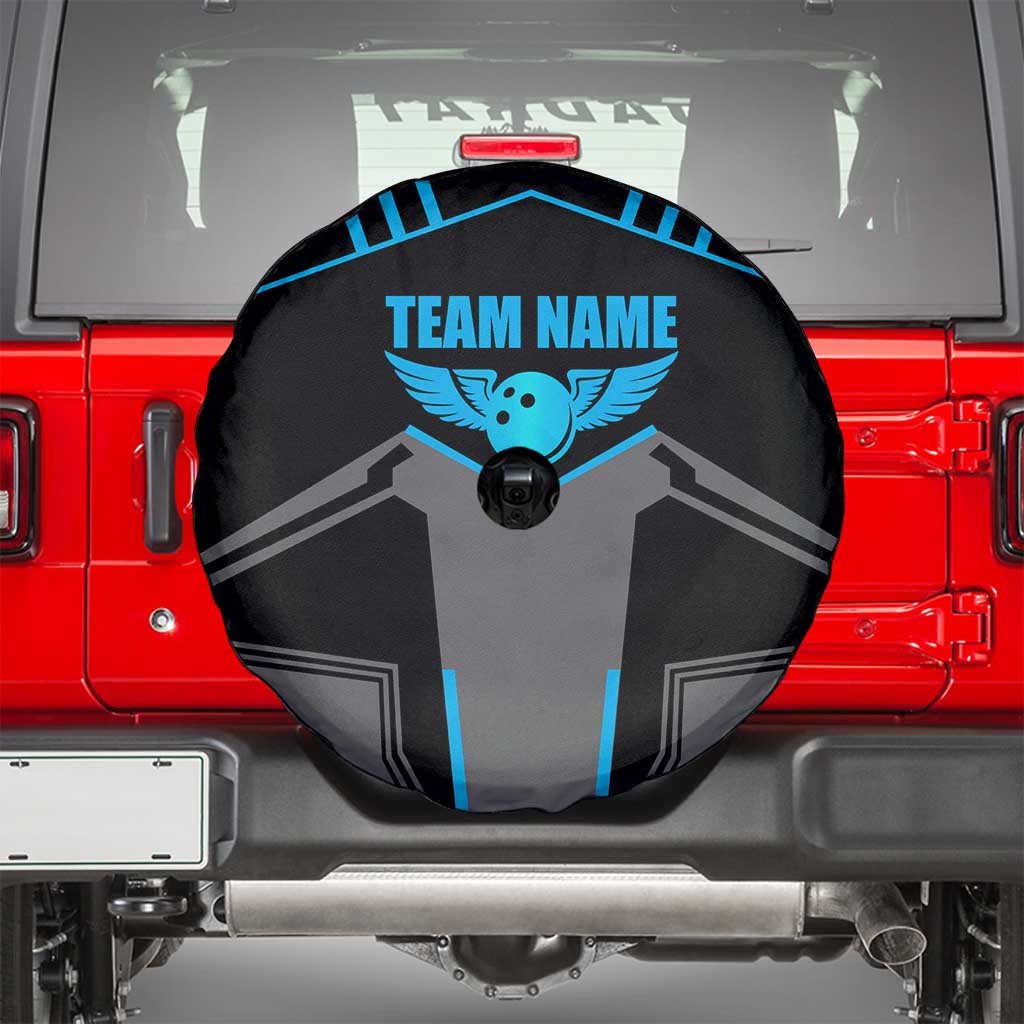 Custom Bowling Team Spare Tire Cover with Blue Bowling Pin Heartbeat Graphic and Winged Emblem - Wonder Print Shop