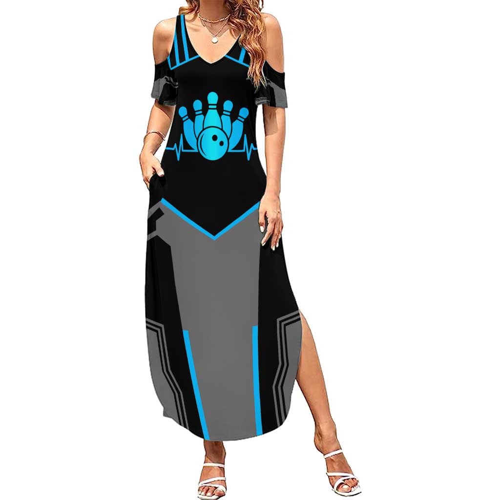 Custom Bowling Team Summer Maxi Dress with Blue Bowling Pin Heartbeat Graphic and Winged Emblem - Wonder Print Shop