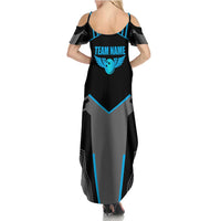 Custom Bowling Team Summer Maxi Dress with Blue Bowling Pin Heartbeat Graphic and Winged Emblem - Wonder Print Shop