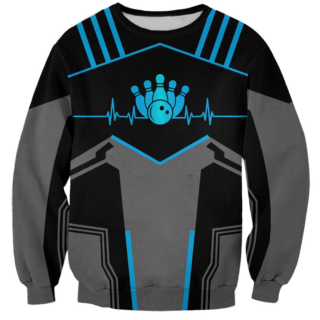 Custom Bowling Team Sweatshirt with Blue Bowling Pin Heartbeat Graphic and Winged Emblem - Wonder Print Shop