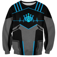 Custom Bowling Team Sweatshirt with Blue Bowling Pin Heartbeat Graphic and Winged Emblem - Wonder Print Shop