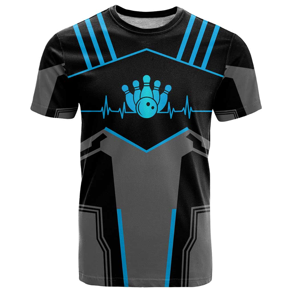 Custom Bowling Team T Shirt with Blue Bowling Pin Heartbeat Graphic and Winged Emblem - Wonder Print Shop