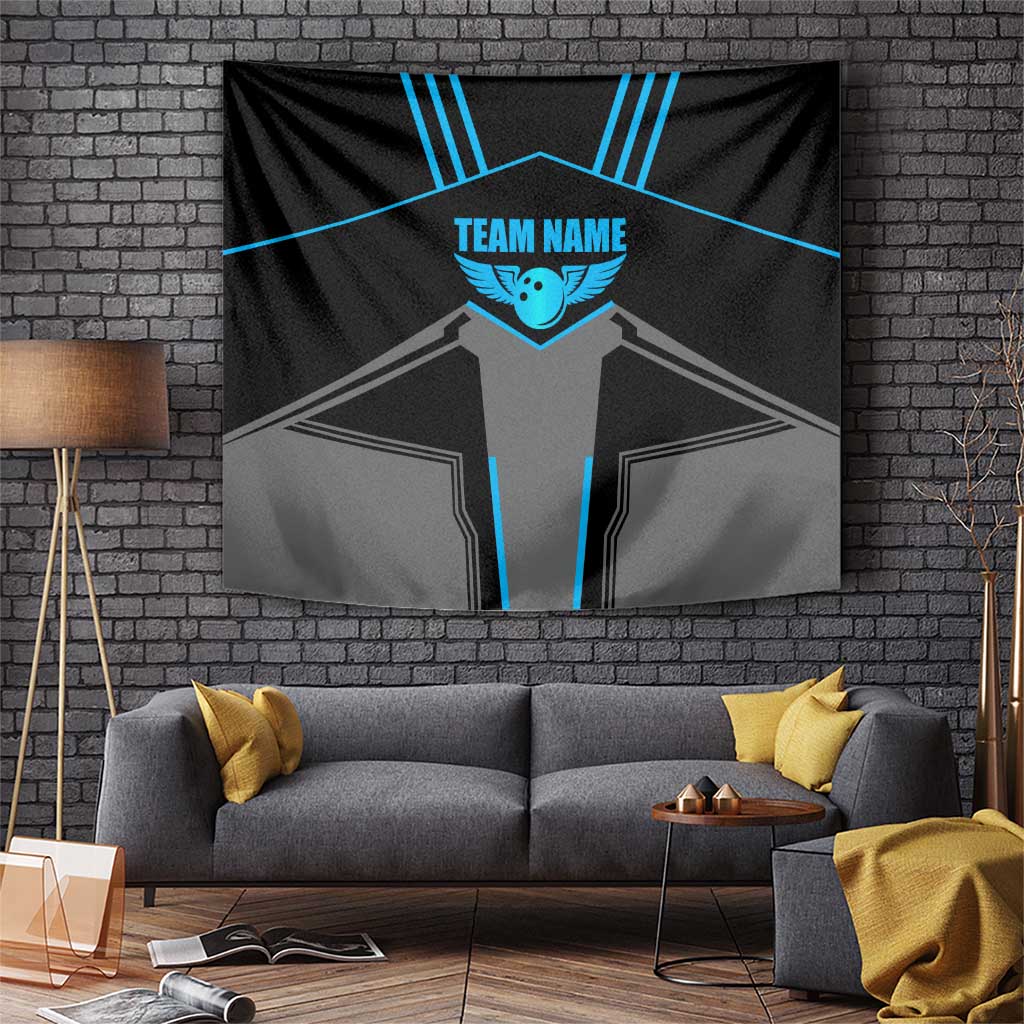 Custom Bowling Team Tapestry with Blue Bowling Pin Heartbeat Graphic and Winged Emblem - Wonder Print Shop