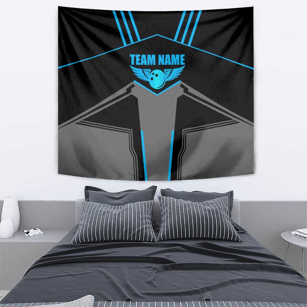 Custom Bowling Team Tapestry with Blue Bowling Pin Heartbeat Graphic and Winged Emblem - Wonder Print Shop