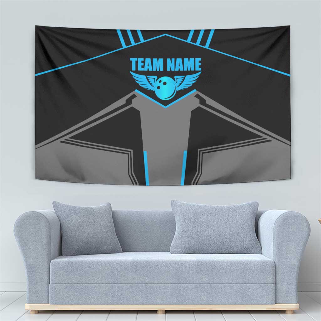 Custom Bowling Team Tapestry with Blue Bowling Pin Heartbeat Graphic and Winged Emblem - Wonder Print Shop