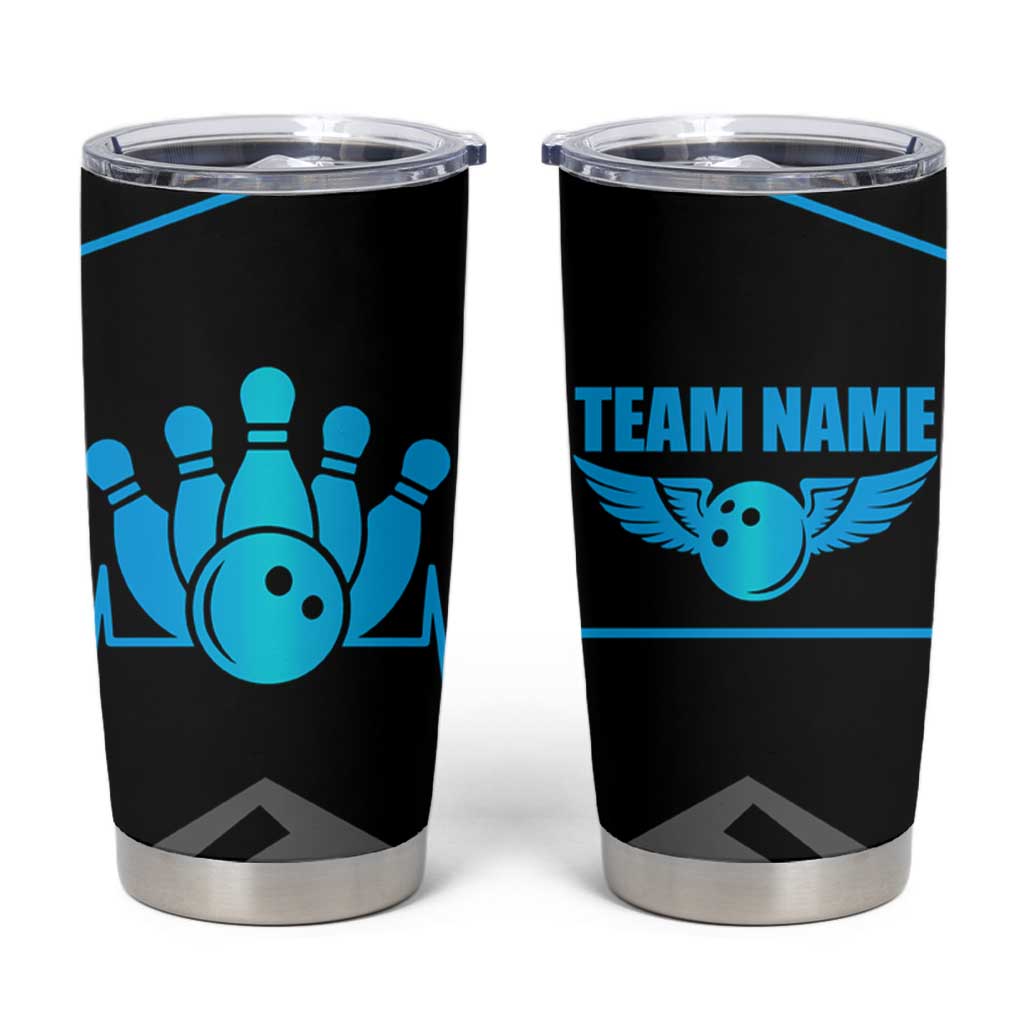 Custom Bowling Team Tumbler Cup with Blue Bowling Pin Heartbeat Graphic and Winged Emblem - Wonder Print Shop
