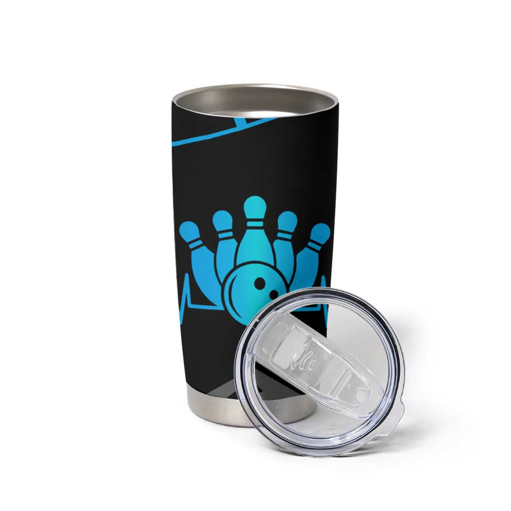 Custom Bowling Team Tumbler Cup with Blue Bowling Pin Heartbeat Graphic and Winged Emblem - Wonder Print Shop
