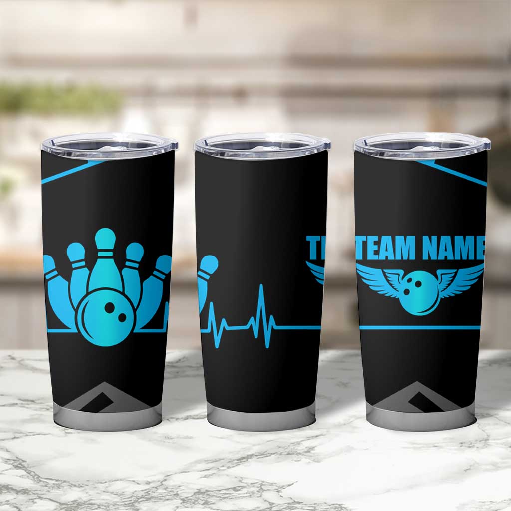 Custom Bowling Team Tumbler Cup with Blue Bowling Pin Heartbeat Graphic and Winged Emblem - Wonder Print Shop