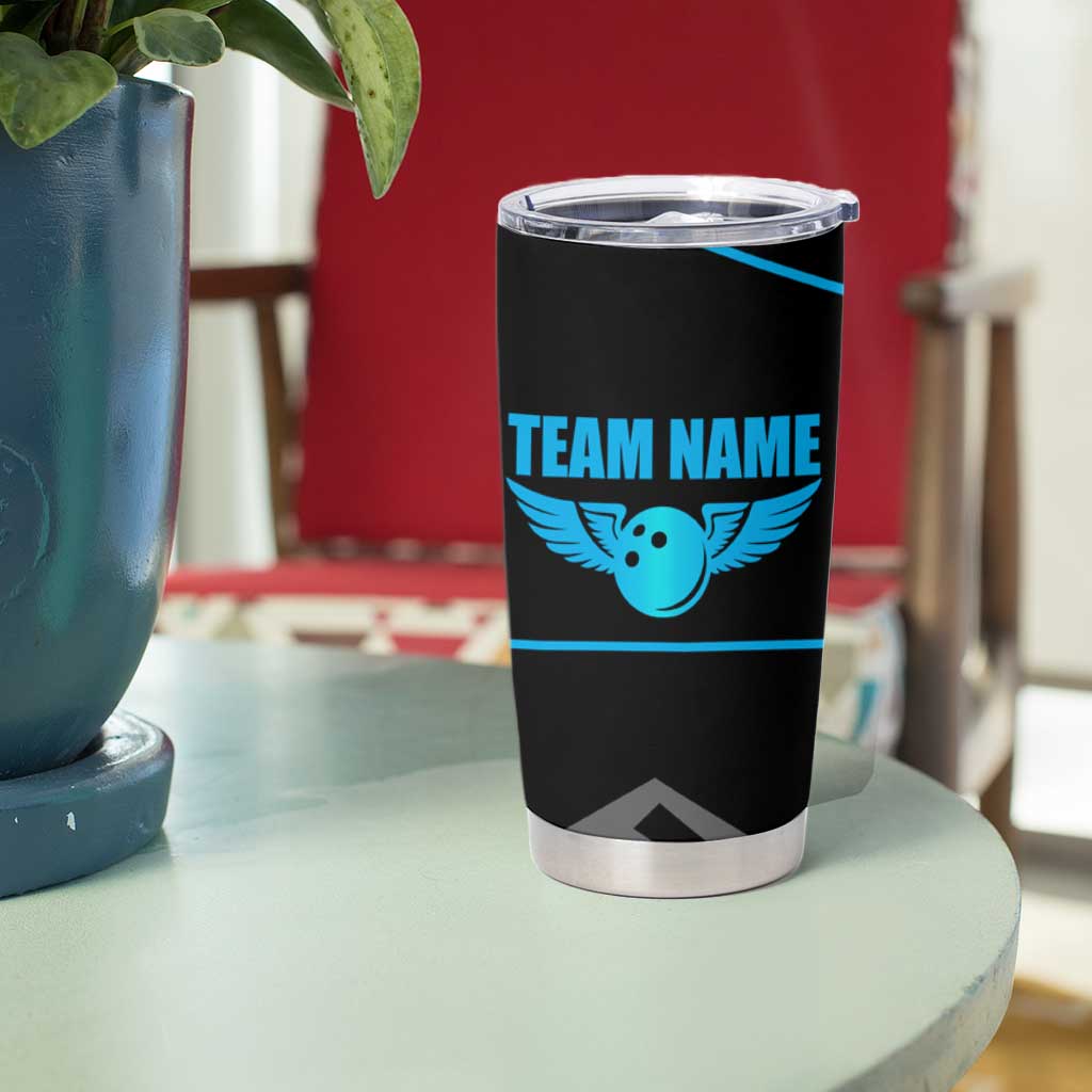Custom Bowling Team Tumbler Cup with Blue Bowling Pin Heartbeat Graphic and Winged Emblem - Wonder Print Shop
