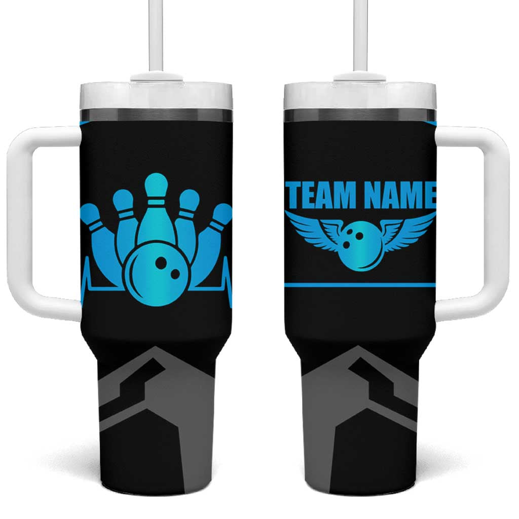 Custom Bowling Team Tumbler With Handle with Blue Bowling Pin Heartbeat Graphic and Winged Emblem - Wonder Print Shop