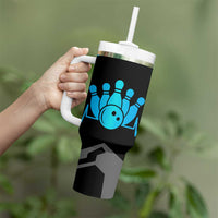Custom Bowling Team Tumbler With Handle with Blue Bowling Pin Heartbeat Graphic and Winged Emblem - Wonder Print Shop