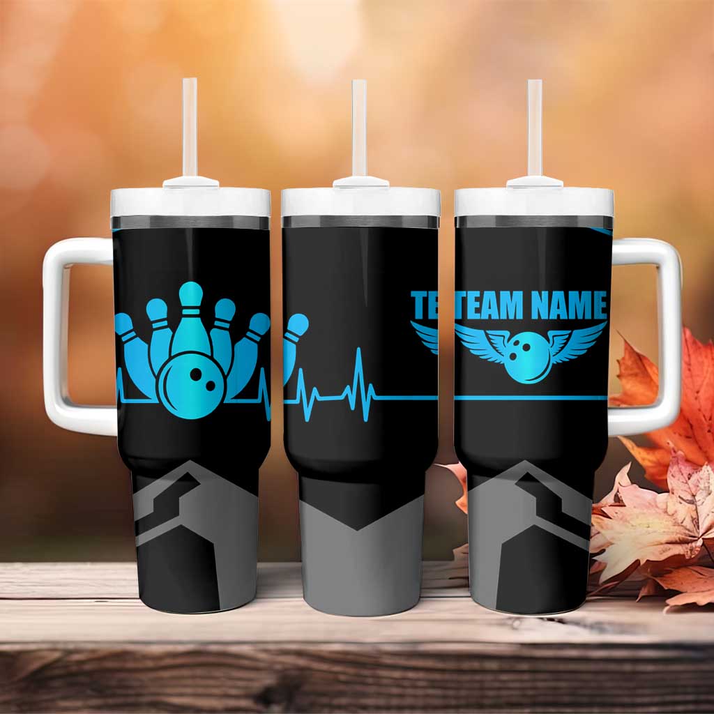 Custom Bowling Team Tumbler With Handle with Blue Bowling Pin Heartbeat Graphic and Winged Emblem - Wonder Print Shop