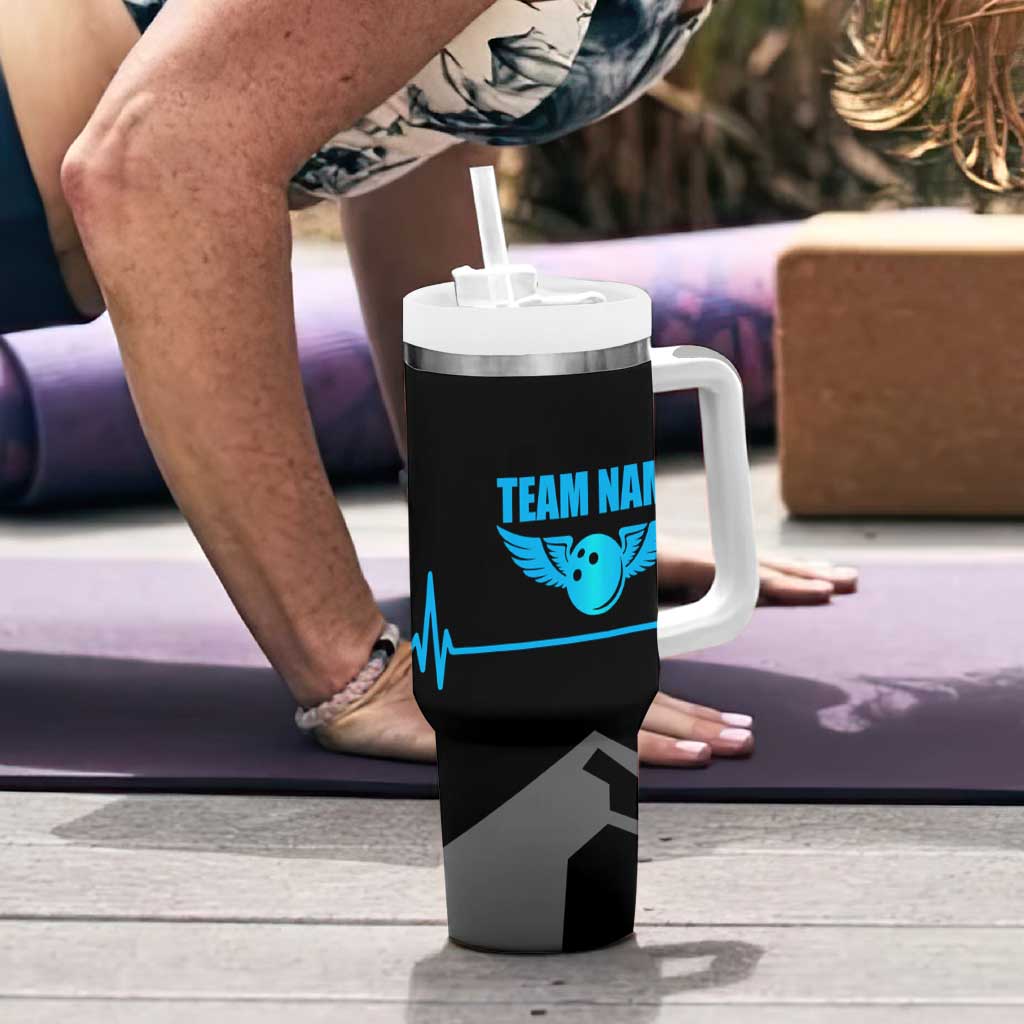 Custom Bowling Team Tumbler With Handle with Blue Bowling Pin Heartbeat Graphic and Winged Emblem - Wonder Print Shop