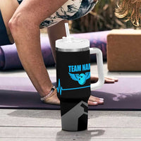 Custom Bowling Team Tumbler With Handle with Blue Bowling Pin Heartbeat Graphic and Winged Emblem - Wonder Print Shop