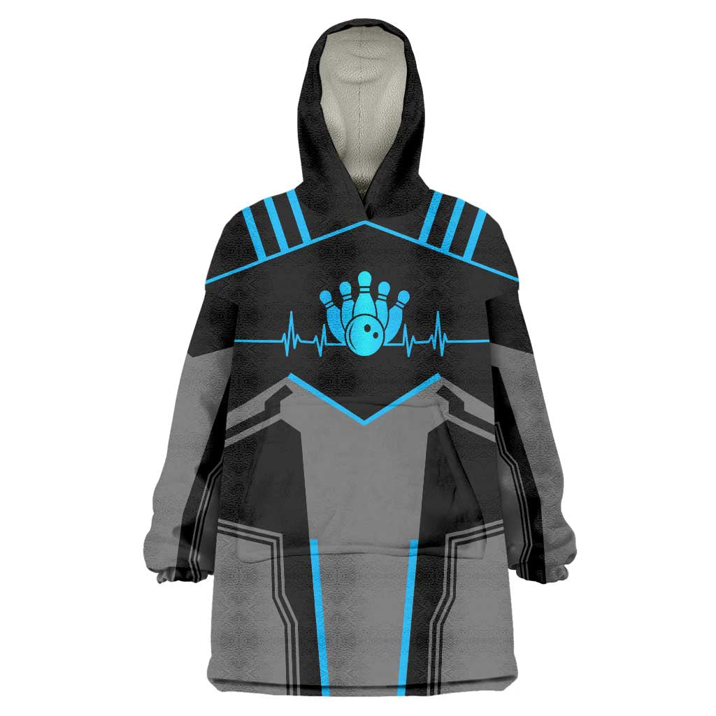 Custom Bowling Team Wearable Blanket Hoodie with Blue Bowling Pin Heartbeat Graphic and Winged Emblem - Wonder Print Shop