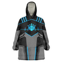 Custom Bowling Team Wearable Blanket Hoodie with Blue Bowling Pin Heartbeat Graphic and Winged Emblem - Wonder Print Shop