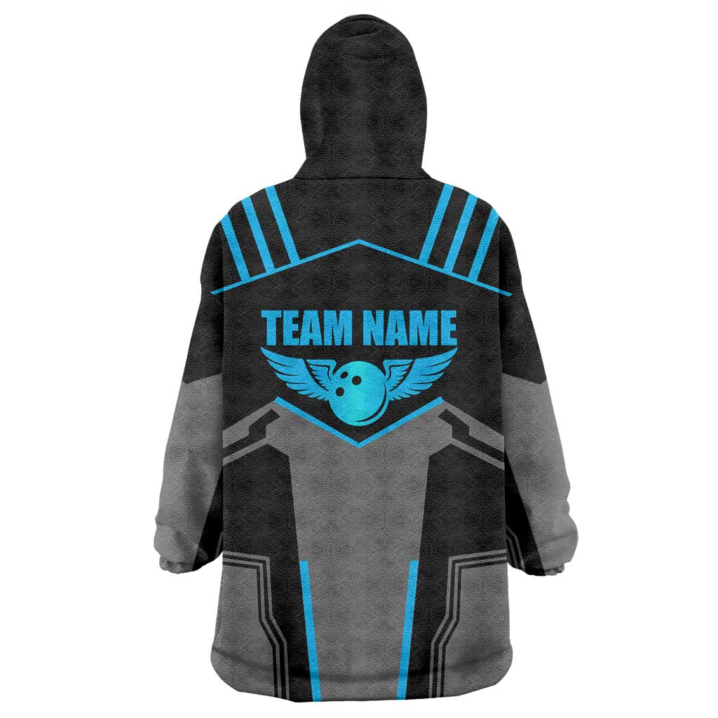 Custom Bowling Team Wearable Blanket Hoodie with Blue Bowling Pin Heartbeat Graphic and Winged Emblem - Wonder Print Shop