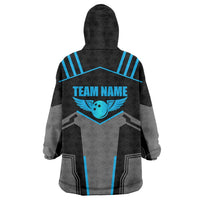 Custom Bowling Team Wearable Blanket Hoodie with Blue Bowling Pin Heartbeat Graphic and Winged Emblem - Wonder Print Shop