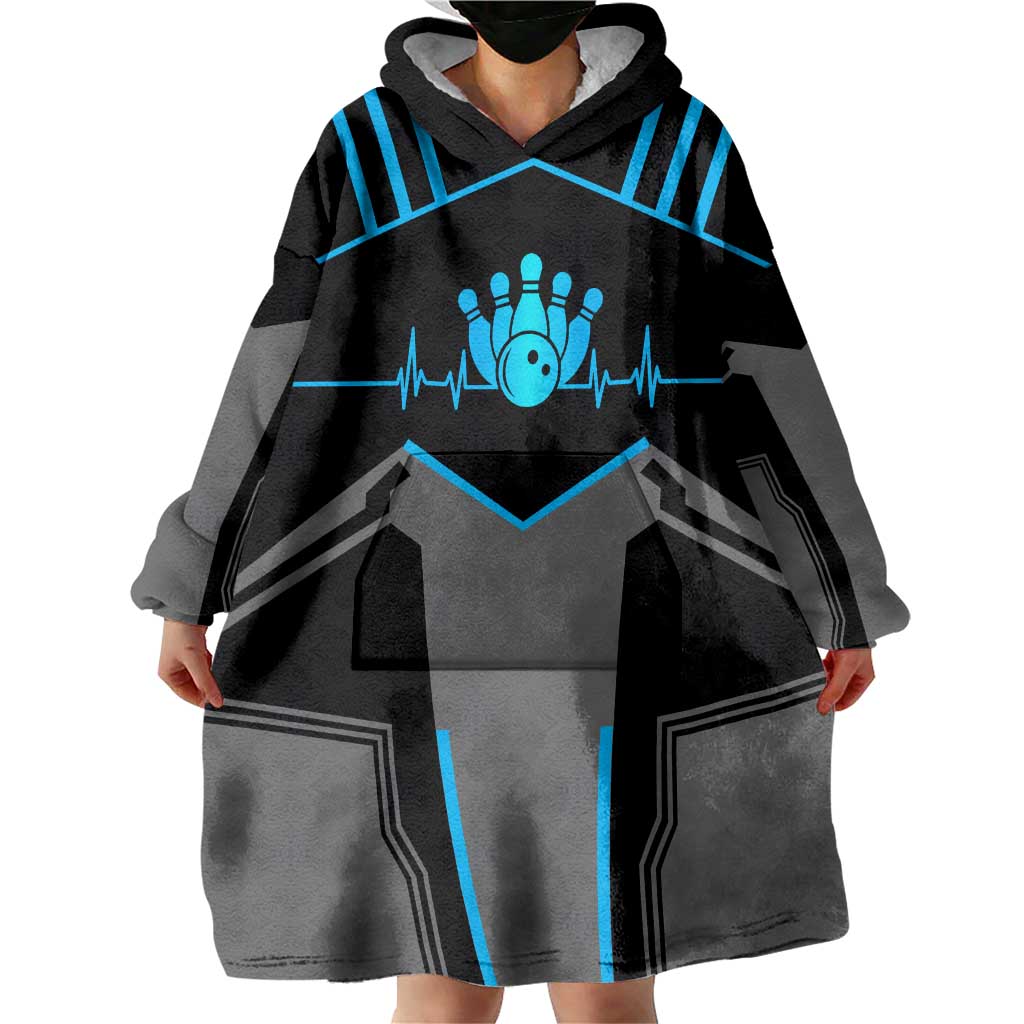 Custom Bowling Team Wearable Blanket Hoodie with Blue Bowling Pin Heartbeat Graphic and Winged Emblem - Wonder Print Shop