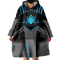 Custom Bowling Team Wearable Blanket Hoodie with Blue Bowling Pin Heartbeat Graphic and Winged Emblem - Wonder Print Shop