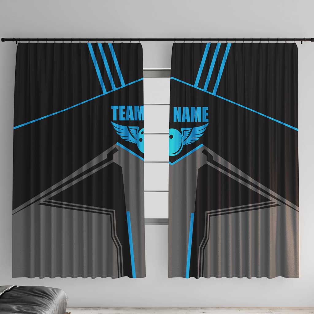 Custom Bowling Team Window Curtain with Blue Bowling Pin Heartbeat Graphic and Winged Emblem - Wonder Print Shop