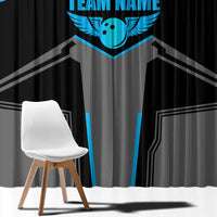 Custom Bowling Team Window Curtain with Blue Bowling Pin Heartbeat Graphic and Winged Emblem - Wonder Print Shop