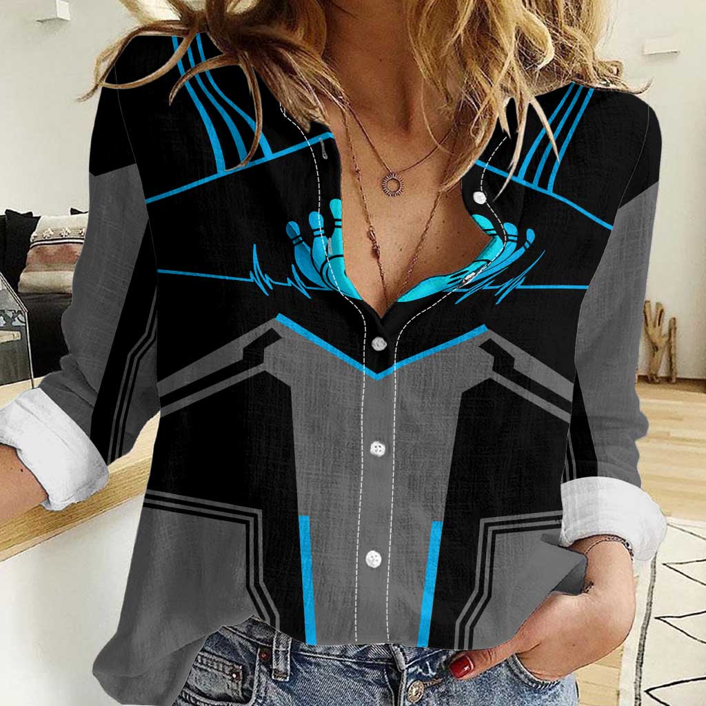 Custom Bowling Team Women Casual Shirt with Blue Bowling Pin Heartbeat Graphic and Winged Emblem - Wonder Print Shop