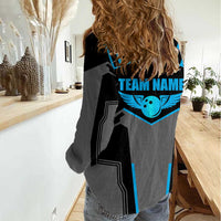 Custom Bowling Team Women Casual Shirt with Blue Bowling Pin Heartbeat Graphic and Winged Emblem - Wonder Print Shop