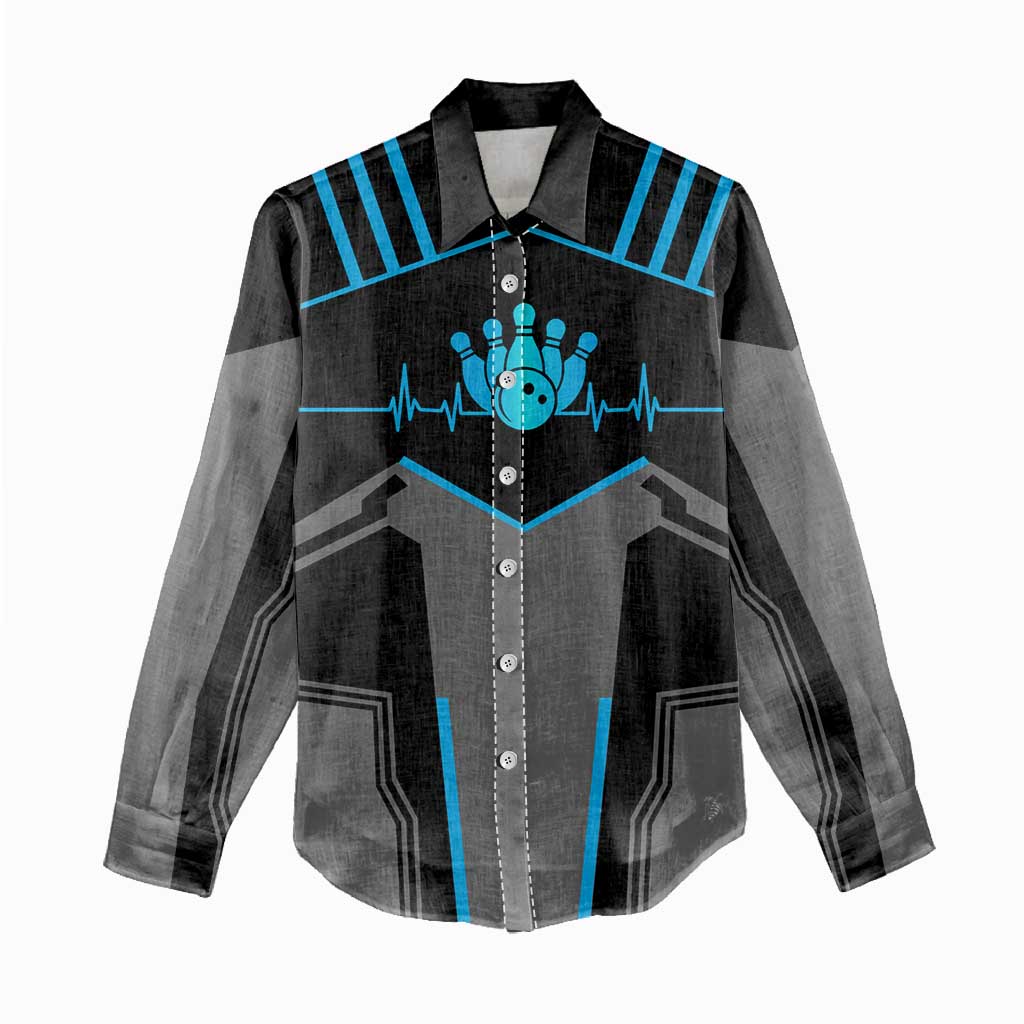 Custom Bowling Team Women Casual Shirt with Blue Bowling Pin Heartbeat Graphic and Winged Emblem - Wonder Print Shop