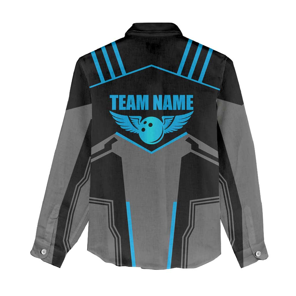 Custom Bowling Team Women Casual Shirt with Blue Bowling Pin Heartbeat Graphic and Winged Emblem - Wonder Print Shop