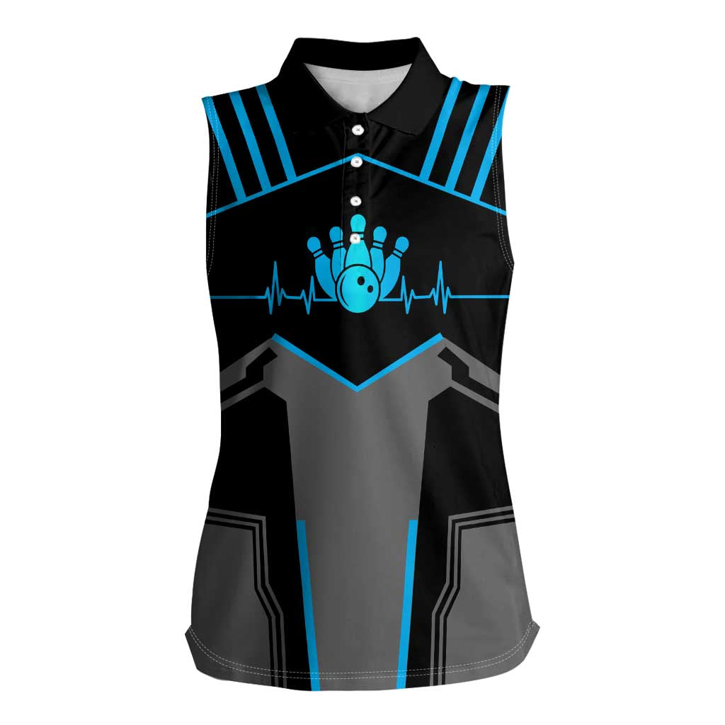 Custom Bowling Team Women Sleeveless Polo Shirt with Blue Bowling Pin Heartbeat Graphic and Winged Emblem - Wonder Print Shop