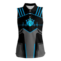Custom Bowling Team Women Sleeveless Polo Shirt with Blue Bowling Pin Heartbeat Graphic and Winged Emblem - Wonder Print Shop