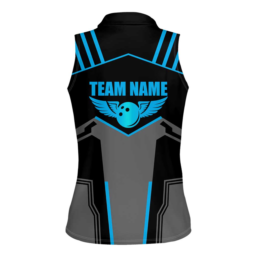 Custom Bowling Team Women Sleeveless Polo Shirt with Blue Bowling Pin Heartbeat Graphic and Winged Emblem - Wonder Print Shop
