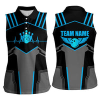 Custom Bowling Team Women Sleeveless Polo Shirt with Blue Bowling Pin Heartbeat Graphic and Winged Emblem - Wonder Print Shop