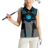 Custom Bowling Team Women Sleeveless Polo Shirt with Blue Bowling Pin Heartbeat Graphic and Winged Emblem - Wonder Print Shop