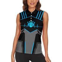 Custom Bowling Team Women Sleeveless Polo Shirt with Blue Bowling Pin Heartbeat Graphic and Winged Emblem - Wonder Print Shop