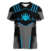Custom Bowling Team Women V-Neck T-Shirt with Blue Bowling Pin Heartbeat Graphic and Winged Emblem - Wonder Print Shop