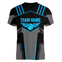 Custom Bowling Team Women V-Neck T-Shirt with Blue Bowling Pin Heartbeat Graphic and Winged Emblem - Wonder Print Shop