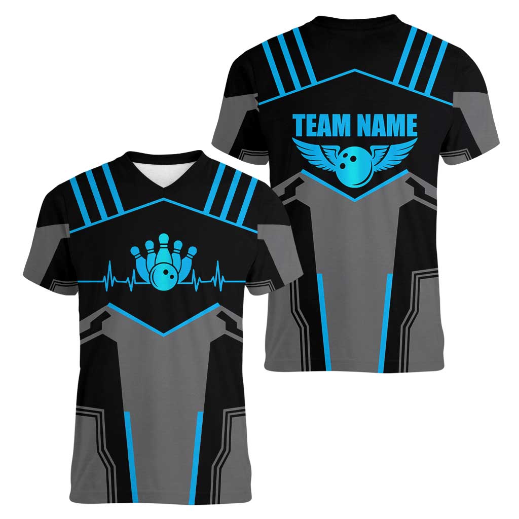 Custom Bowling Team Women V-Neck T-Shirt with Blue Bowling Pin Heartbeat Graphic and Winged Emblem - Wonder Print Shop
