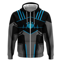 Custom Bowling Team Zip Hoodie with Blue Bowling Pin Heartbeat Graphic and Winged Emblem - Wonder Print Shop