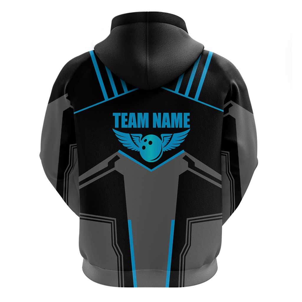 Custom Bowling Team Zip Hoodie with Blue Bowling Pin Heartbeat Graphic and Winged Emblem - Wonder Print Shop