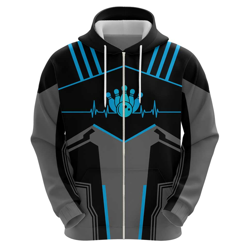 Custom Bowling Team Zip Hoodie with Blue Bowling Pin Heartbeat Graphic and Winged Emblem - Wonder Print Shop